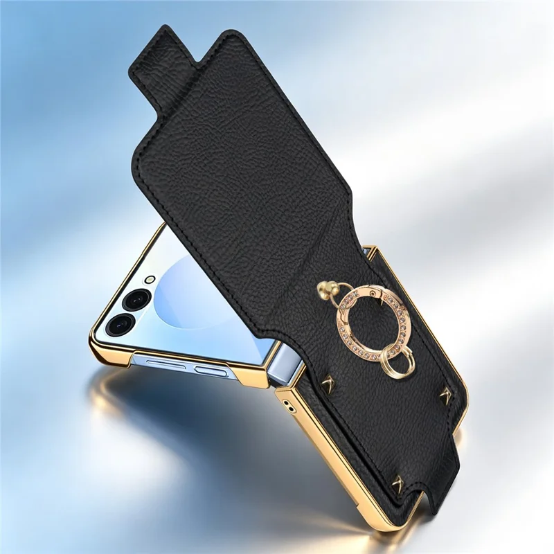 For Samsung Galaxy Z Flip8 Case PU + PC Protective Phone Cover with Finger Holder - Black