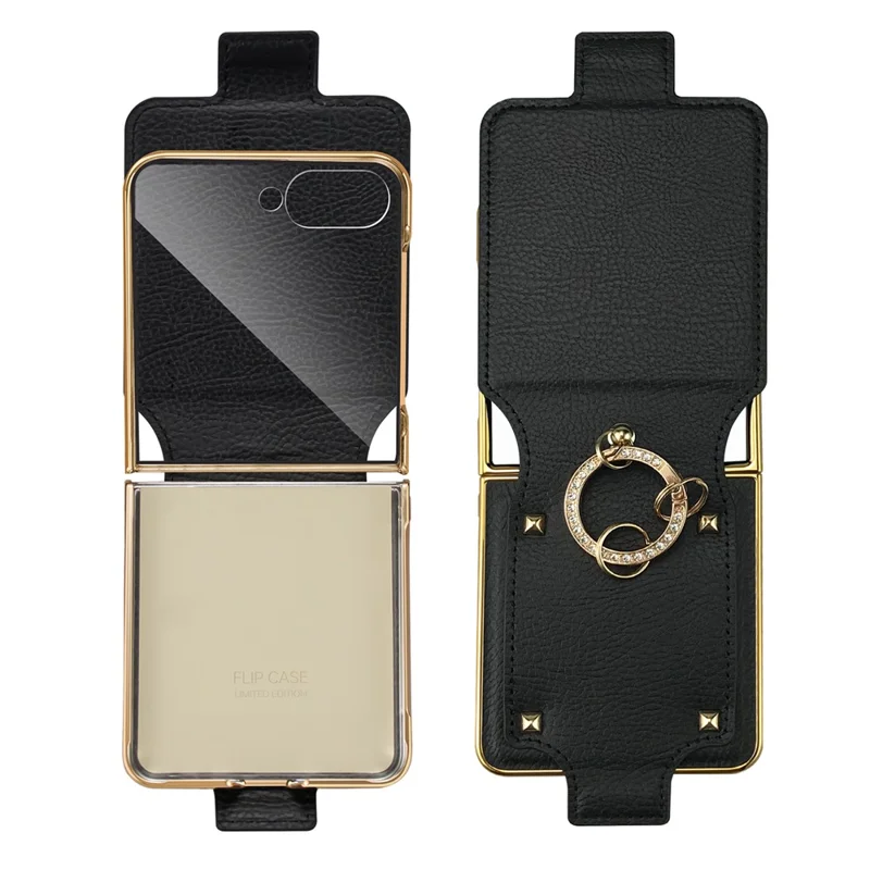 For Samsung Galaxy Z Flip8 Case PU + PC Protective Phone Cover with Finger Holder - Black