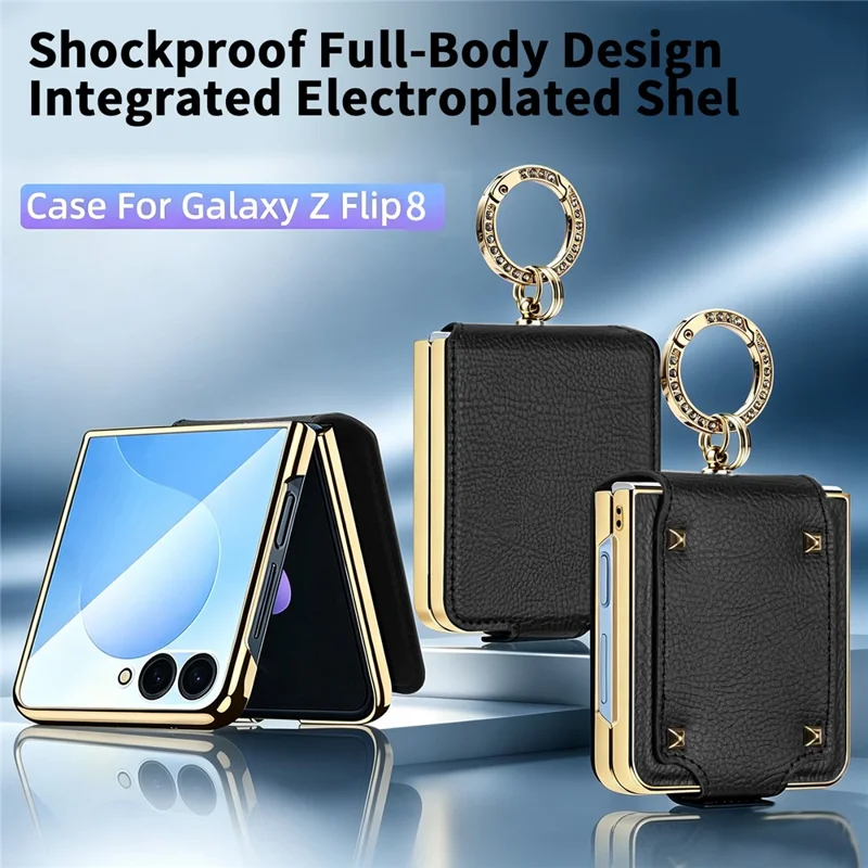 For Samsung Galaxy Z Flip8 Case PU + PC Protective Phone Cover with Finger Holder - Black