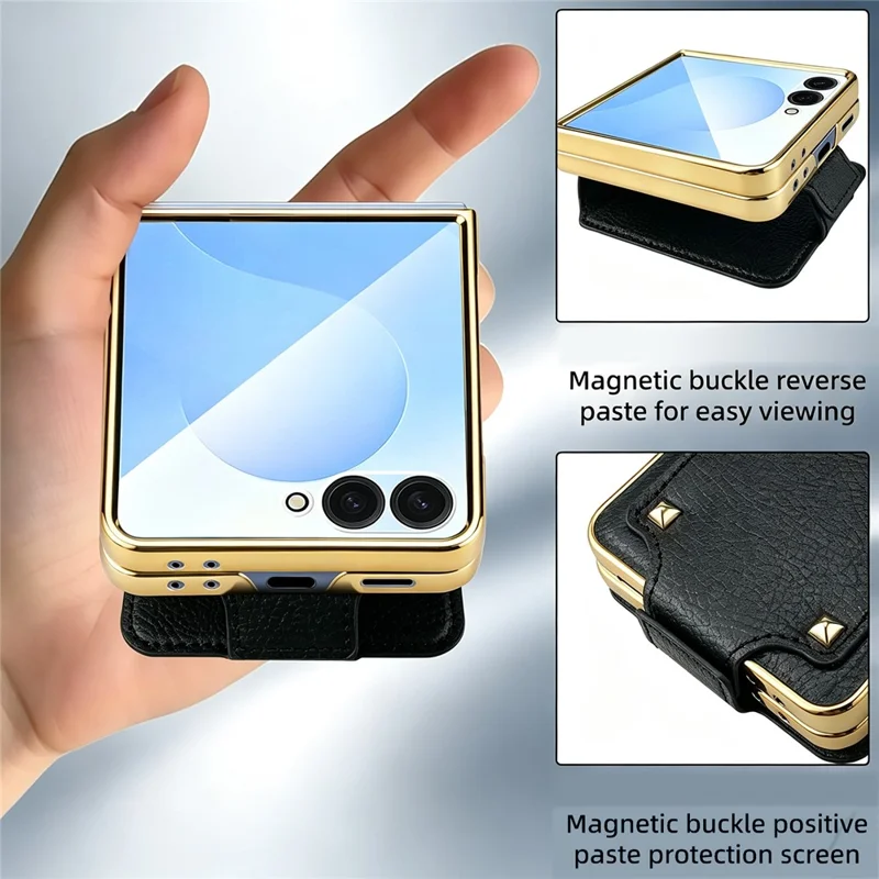 For Samsung Galaxy Z Flip8 Case PU + PC Protective Phone Cover with Finger Holder - Black