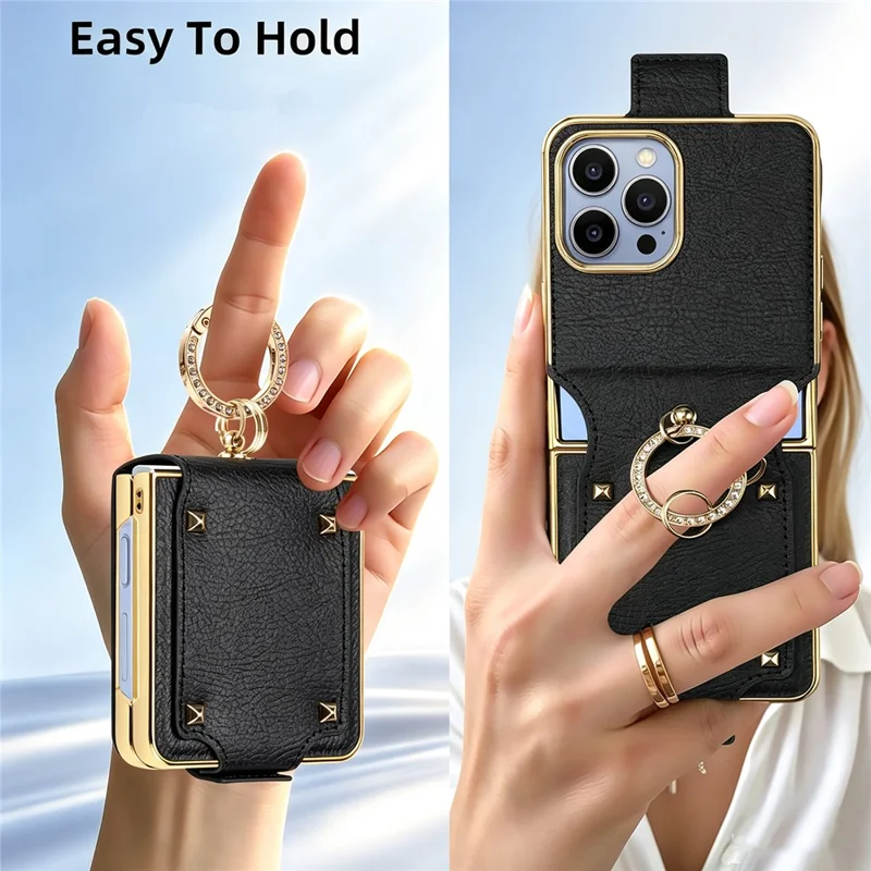 For Samsung Galaxy Z Flip8 Case PU + PC Protective Phone Cover with Finger Holder - Black