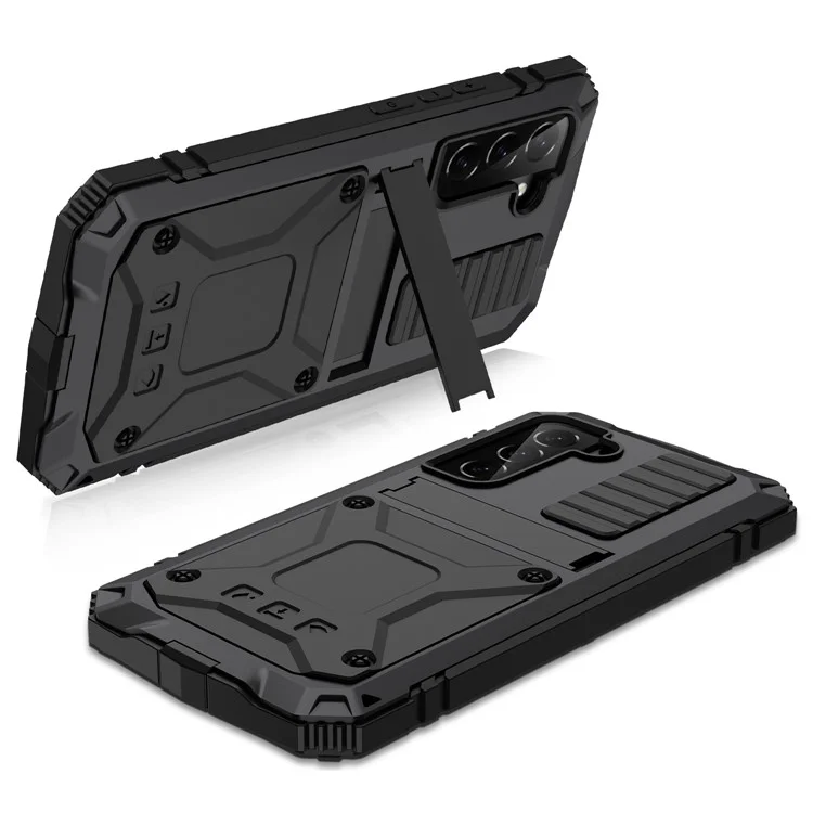 R-JUST For Samsung Galaxy S23 Waterproof Drop-Proof Case Kickstand Back Cover with Tempered Glass - Black
