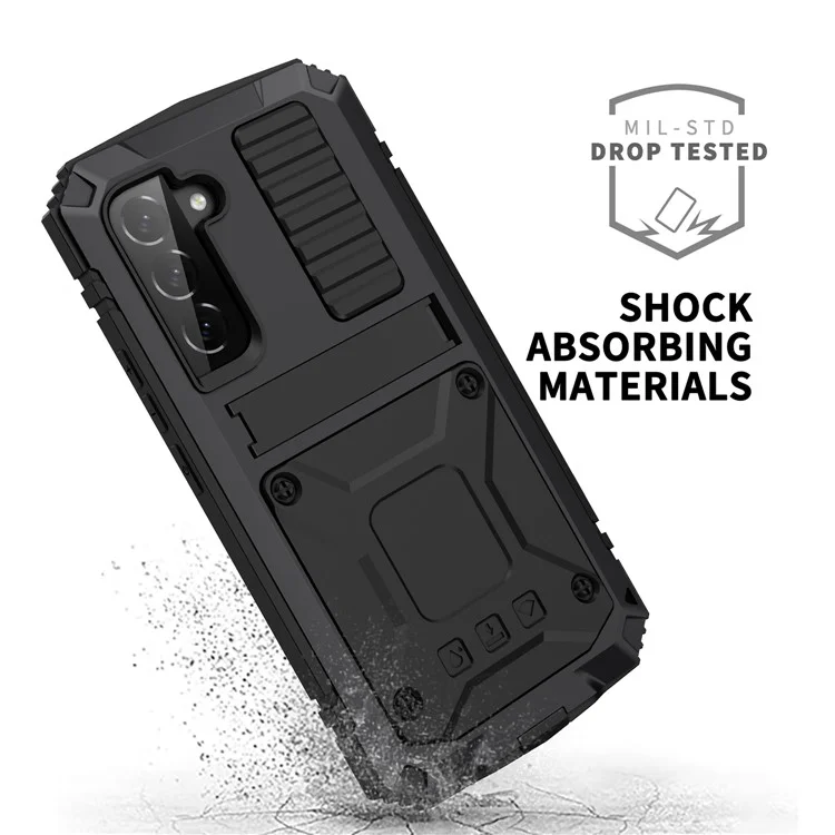 R-JUST For Samsung Galaxy S23 Waterproof Drop-Proof Case Kickstand Back Cover with Tempered Glass - Black