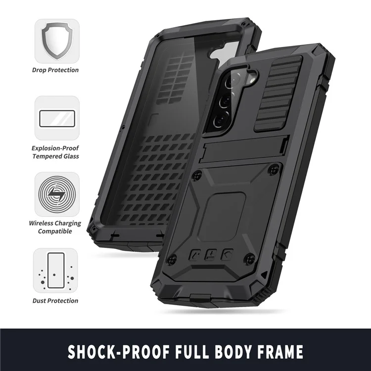 R-JUST For Samsung Galaxy S23 Waterproof Drop-Proof Case Kickstand Back Cover with Tempered Glass - Black