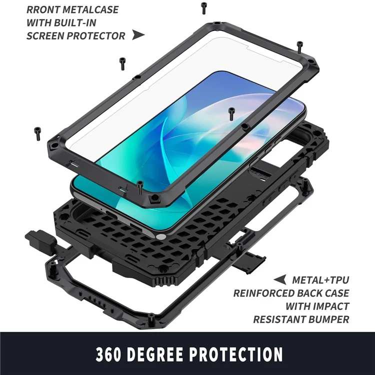 R-JUST For Samsung Galaxy S23 Waterproof Drop-Proof Case Kickstand Back Cover with Tempered Glass - Black