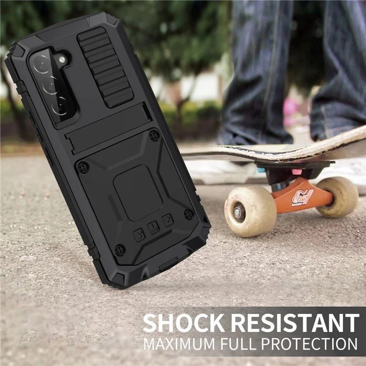 R-JUST For Samsung Galaxy S23 Waterproof Drop-Proof Case Kickstand Back Cover with Tempered Glass - Black