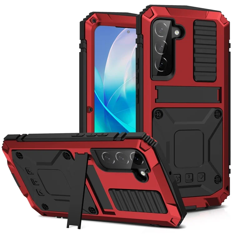 R-JUST Para Samsung Galaxy S23 Funda Resistente al Agua y Golpes con Soporte y Cristal Templado - Rojo