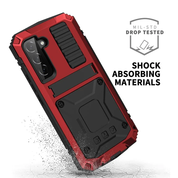 R-JUST Para Samsung Galaxy S23 Funda Resistente al Agua y Golpes con Soporte y Cristal Templado - Rojo