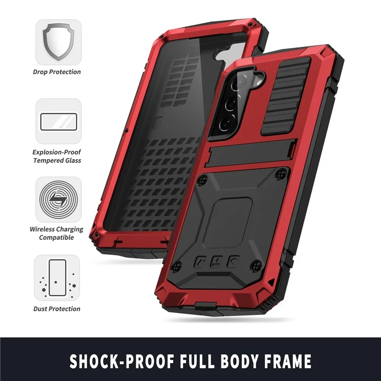R-JUST Para Samsung Galaxy S23 Funda Resistente al Agua y Golpes con Soporte y Cristal Templado - Rojo