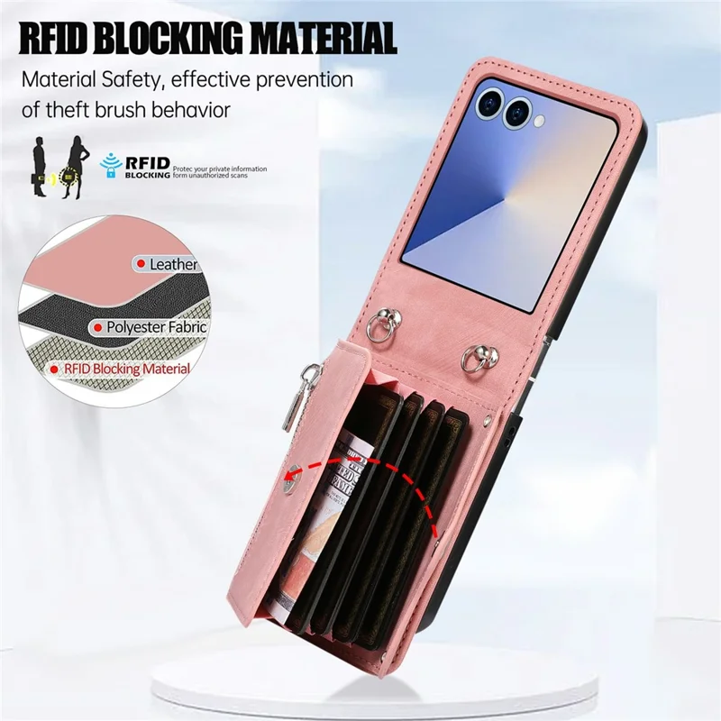 For Samsung Galaxy Z Flip8 Case RFID Blocking Card Holder Kickstand PU Leather + PC Phone Cover - Rose Gold
