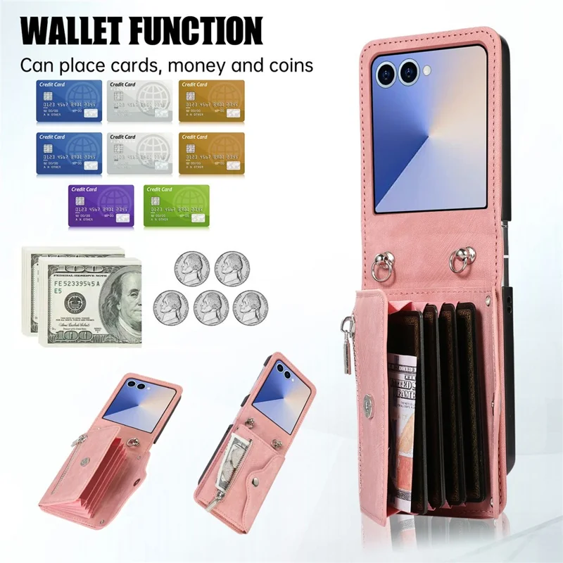 For Samsung Galaxy Z Flip8 Case RFID Blocking Card Holder Kickstand PU Leather + PC Phone Cover - Rose Gold
