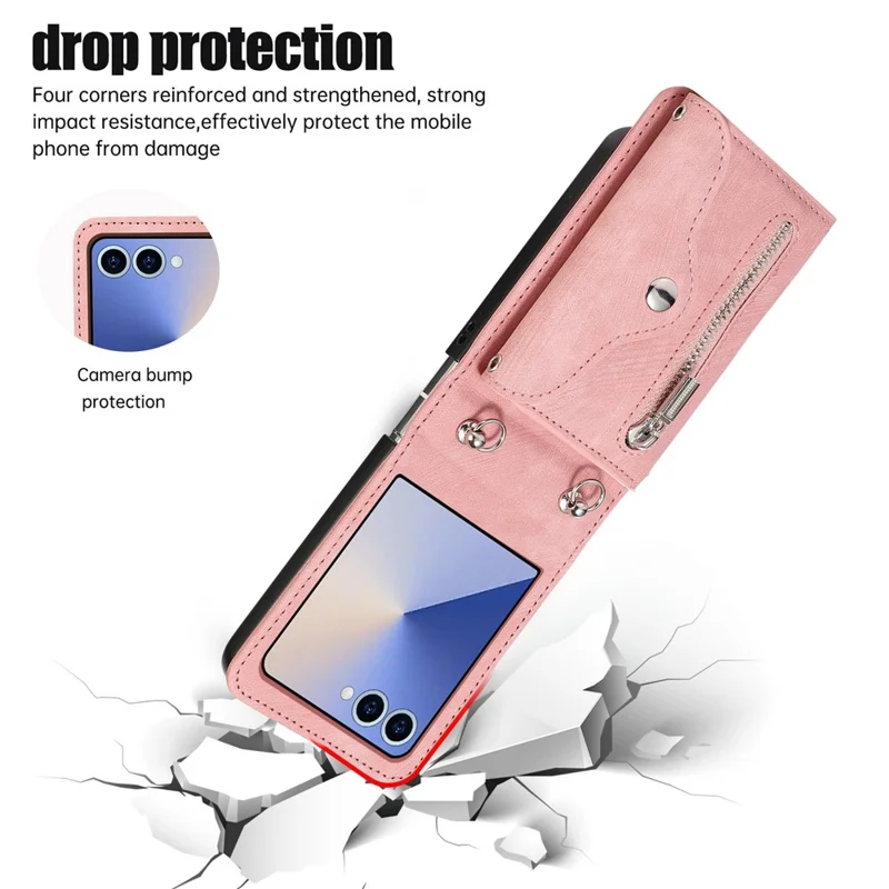 For Samsung Galaxy Z Flip8 Case RFID Blocking Card Holder Kickstand PU Leather + PC Phone Cover - Rose Gold