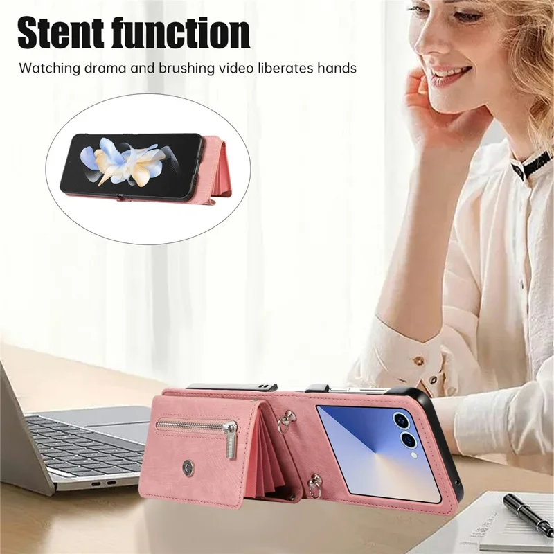 For Samsung Galaxy Z Flip8 Case RFID Blocking Card Holder Kickstand PU Leather + PC Phone Cover - Rose Gold