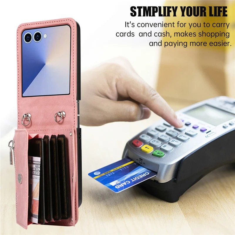 For Samsung Galaxy Z Flip8 Case RFID Blocking Card Holder Kickstand PU Leather + PC Phone Cover - Rose Gold