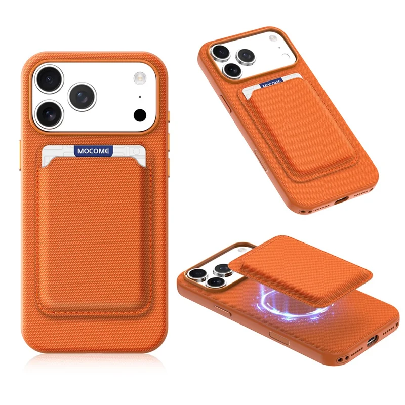 For iPhone 17 Pro Max Magnetic Case Tech Fabric Coated TPU + PC Phone Cover with RFID Blocking Card Holder - Orange
