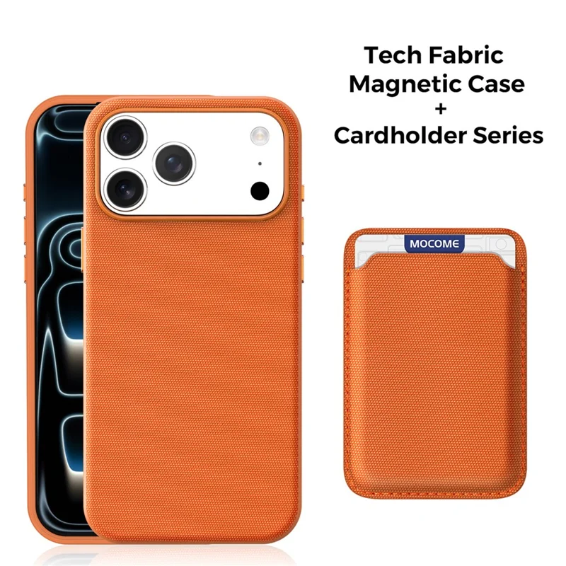 For iPhone 17 Pro Max Magnetic Case Tech Fabric Coated TPU + PC Phone Cover with RFID Blocking Card Holder - Orange
