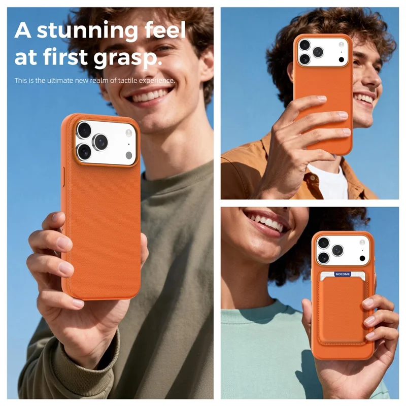 For iPhone 17 Pro Max Magnetic Case Tech Fabric Coated TPU + PC Phone Cover with RFID Blocking Card Holder - Orange