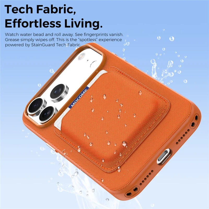 For iPhone 17 Pro Max Magnetic Case Tech Fabric Coated TPU + PC Phone Cover with RFID Blocking Card Holder - Orange
