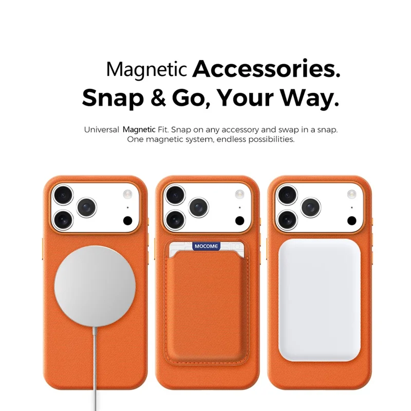 For iPhone 17 Pro Max Magnetic Case Tech Fabric Coated TPU + PC Phone Cover with RFID Blocking Card Holder - Orange