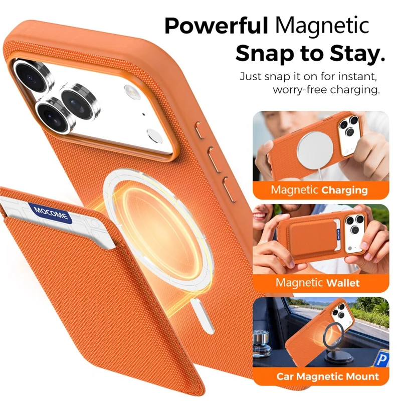 For iPhone 17 Pro Max Magnetic Case Tech Fabric Coated TPU + PC Phone Cover with RFID Blocking Card Holder - Orange
