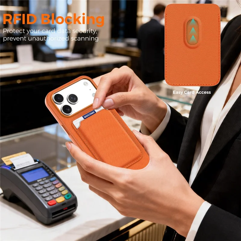 For iPhone 17 Pro Max Magnetic Case Tech Fabric Coated TPU + PC Phone Cover with RFID Blocking Card Holder - Orange