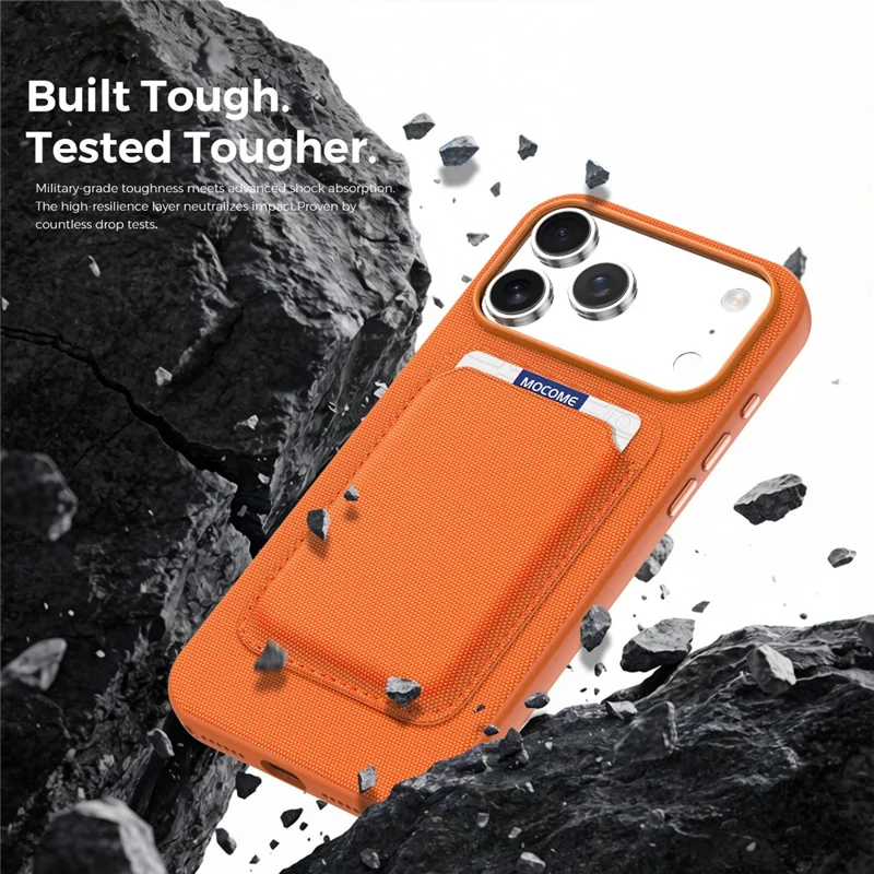 For iPhone 17 Pro Max Magnetic Case Tech Fabric Coated TPU + PC Phone Cover with RFID Blocking Card Holder - Orange
