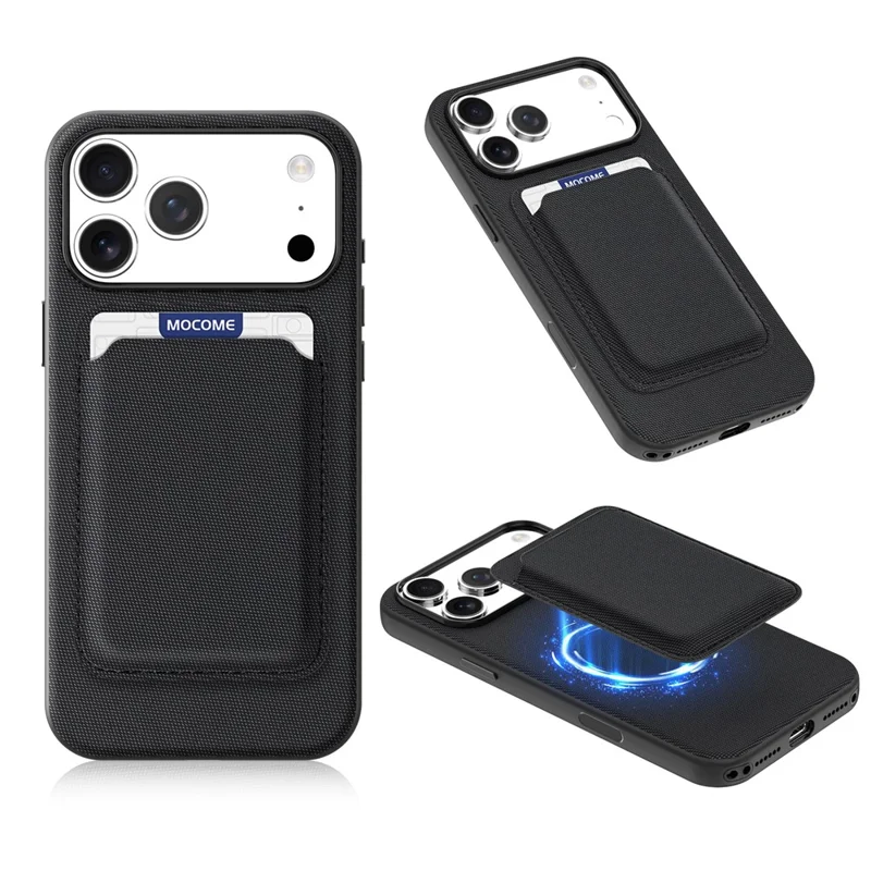 For iPhone 18 Pro Max Magnetic Case Tech Fabric Coated TPU + PC Phone Cover with RFID Blocking Card Holder - Black