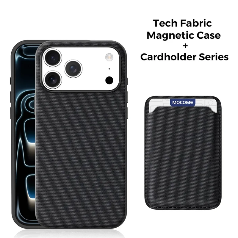 For iPhone 18 Pro Max Magnetic Case Tech Fabric Coated TPU + PC Phone Cover with RFID Blocking Card Holder - Black