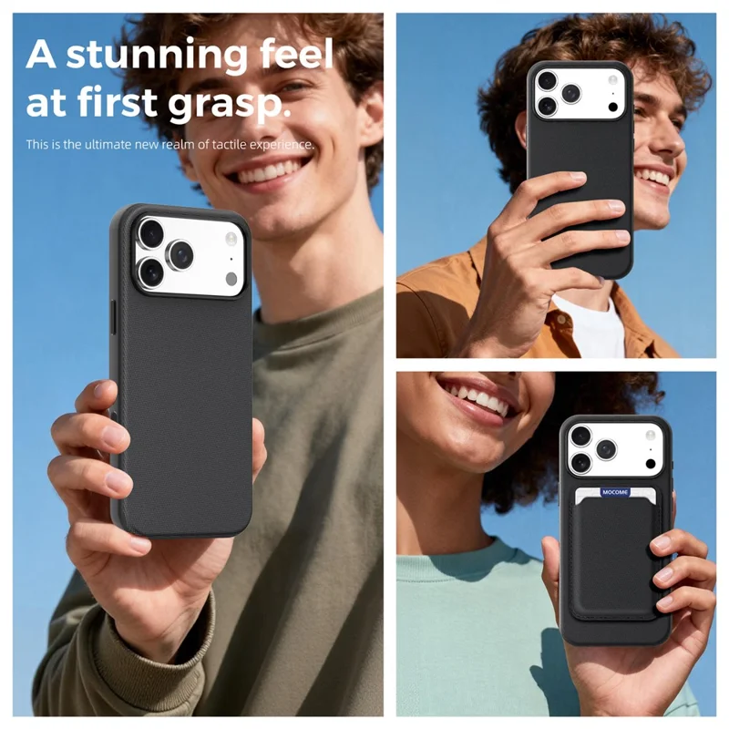 For iPhone 18 Pro Max Magnetic Case Tech Fabric Coated TPU + PC Phone Cover with RFID Blocking Card Holder - Black