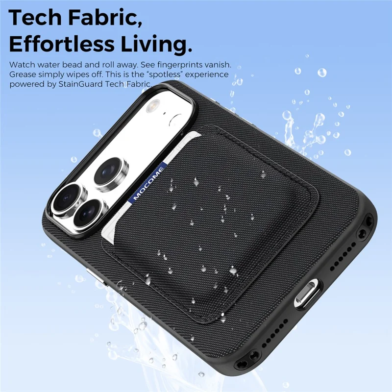 For iPhone 18 Pro Max Magnetic Case Tech Fabric Coated TPU + PC Phone Cover with RFID Blocking Card Holder - Black
