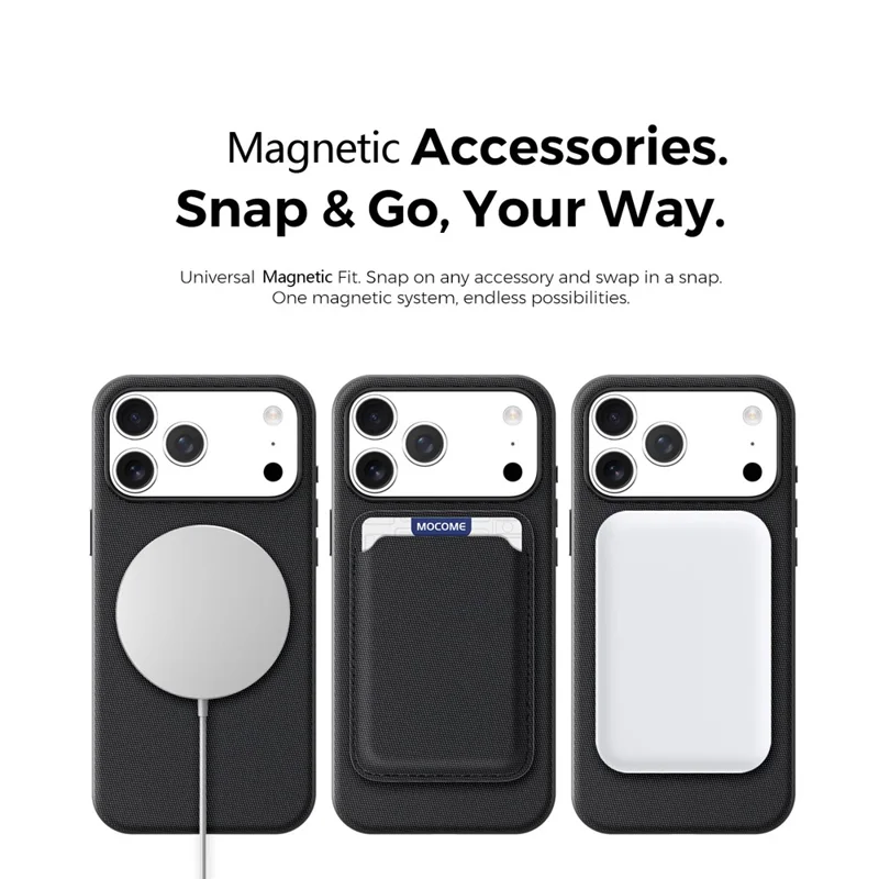 For iPhone 18 Pro Max Magnetic Case Tech Fabric Coated TPU + PC Phone Cover with RFID Blocking Card Holder - Black