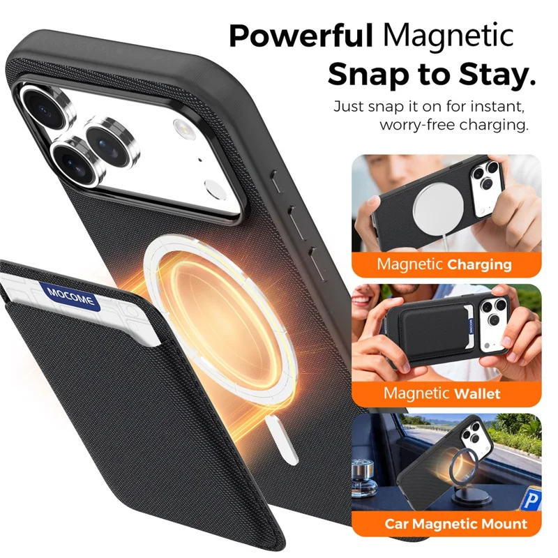 For iPhone 18 Pro Max Magnetic Case Tech Fabric Coated TPU + PC Phone Cover with RFID Blocking Card Holder - Black