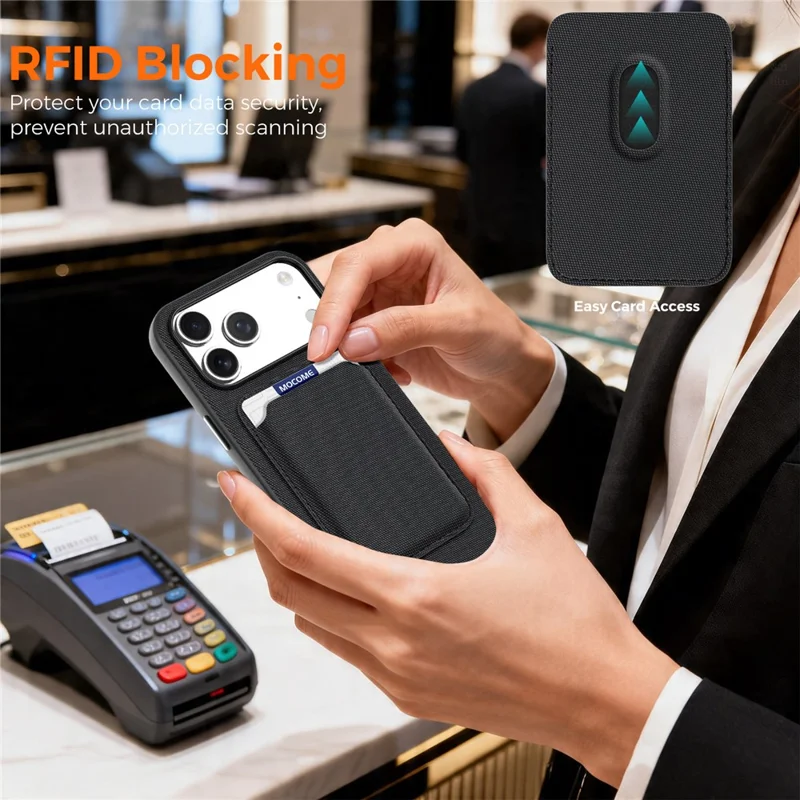 For iPhone 18 Pro Max Magnetic Case Tech Fabric Coated TPU + PC Phone Cover with RFID Blocking Card Holder - Black