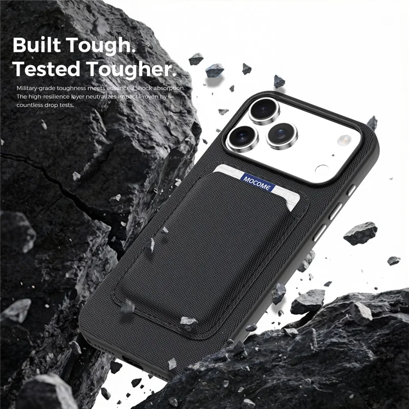 For iPhone 18 Pro Max Magnetic Case Tech Fabric Coated TPU + PC Phone Cover with RFID Blocking Card Holder - Black