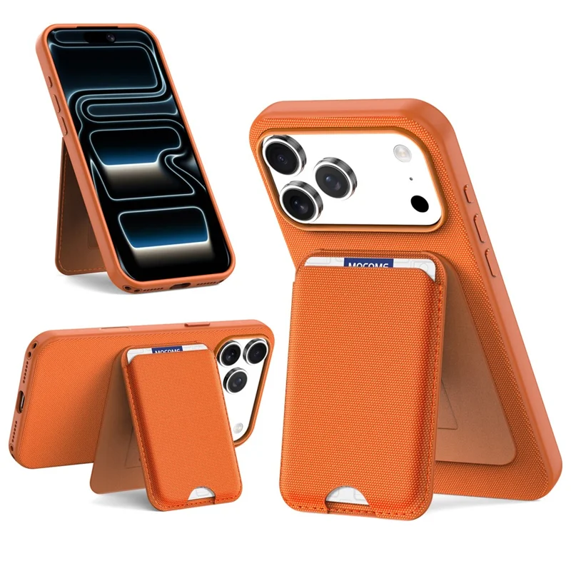For iPhone 18 Pro Max Magnetic Case Tech Fabric + TPU Card Holder Kickstand Phone Cover - Orange