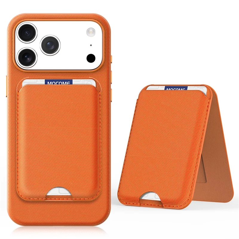 For iPhone 18 Pro Max Magnetic Case Tech Fabric + TPU Card Holder Kickstand Phone Cover - Orange