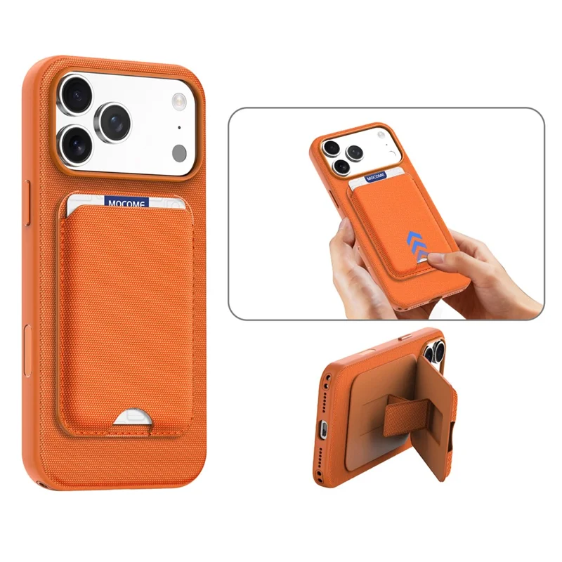 For iPhone 18 Pro Max Magnetic Case Tech Fabric + TPU Card Holder Kickstand Phone Cover - Orange