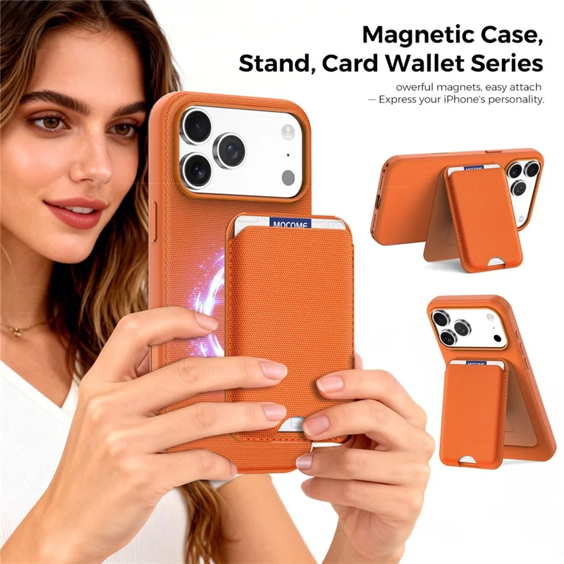 For iPhone 18 Pro Max Magnetic Case Tech Fabric + TPU Card Holder Kickstand Phone Cover - Orange
