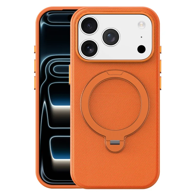 For iPhone 18 Pro Case Magnetic Rotating Kickstand Tech Fabric TPU Protective Cover - Orange
