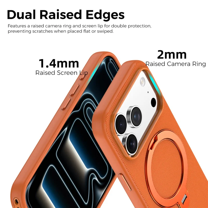For iPhone 18 Pro Case Magnetic Rotating Kickstand Tech Fabric TPU Protective Cover - Orange