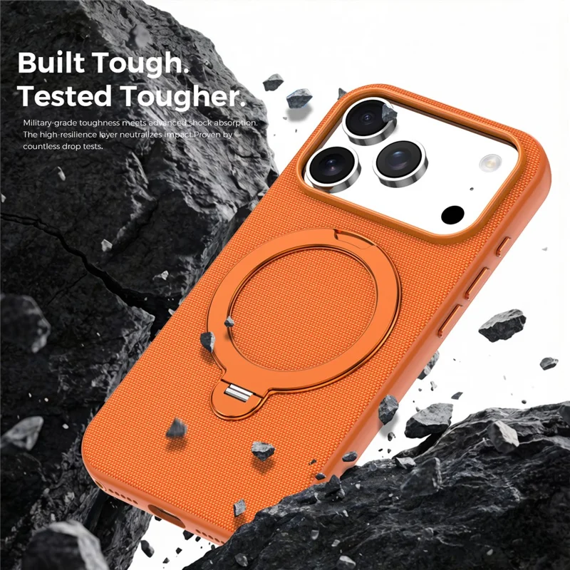 For iPhone 18 Pro Case Magnetic Rotating Kickstand Tech Fabric TPU Protective Cover - Orange
