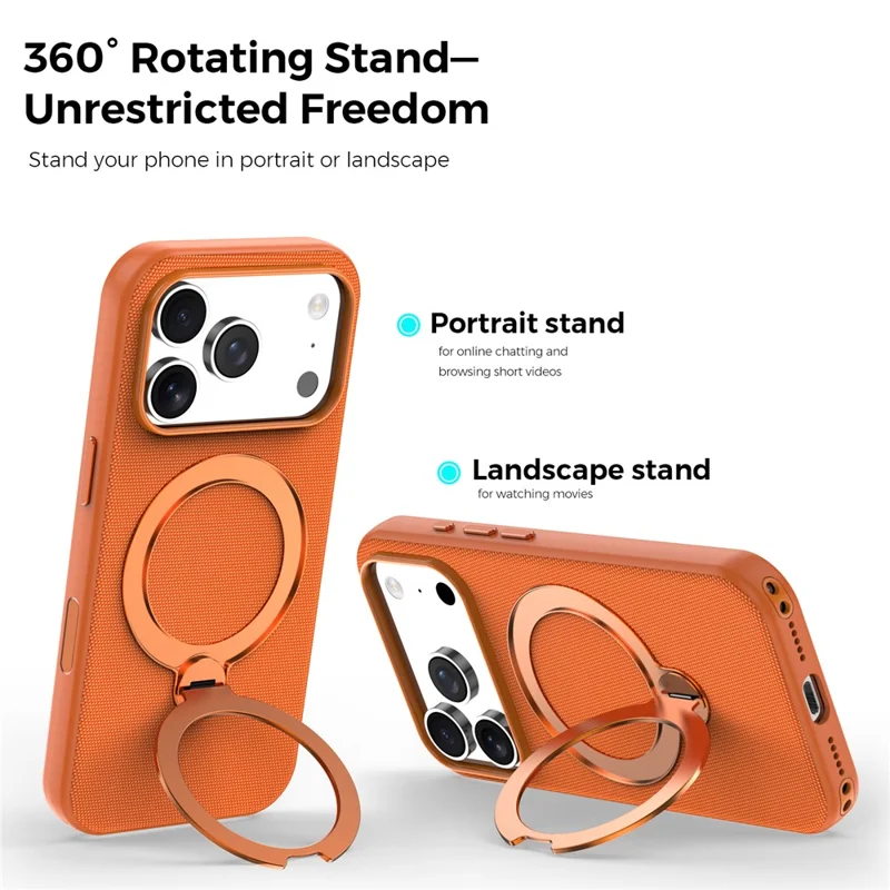 For iPhone 18 Pro Case Magnetic Rotating Kickstand Tech Fabric TPU Protective Cover - Orange