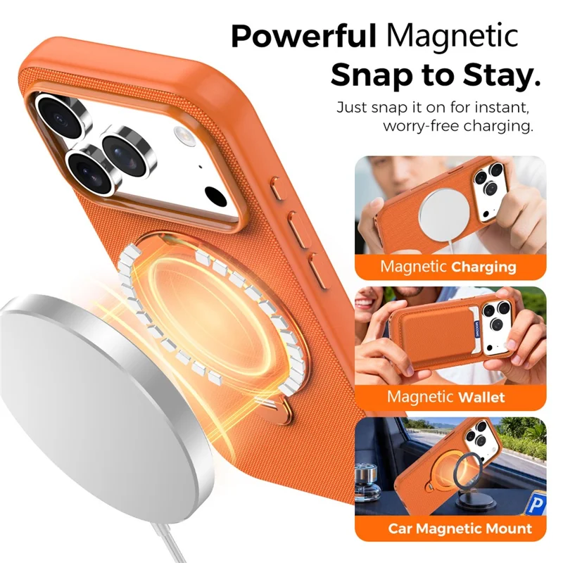 For iPhone 18 Pro Case Magnetic Rotating Kickstand Tech Fabric TPU Protective Cover - Orange