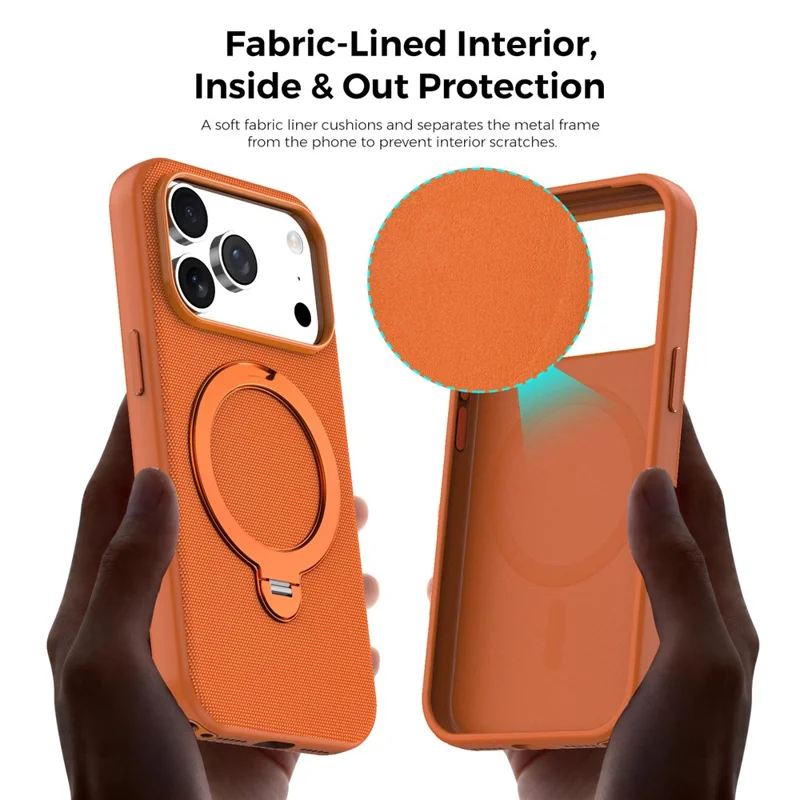 For iPhone 18 Pro Case Magnetic Rotating Kickstand Tech Fabric TPU Protective Cover - Orange