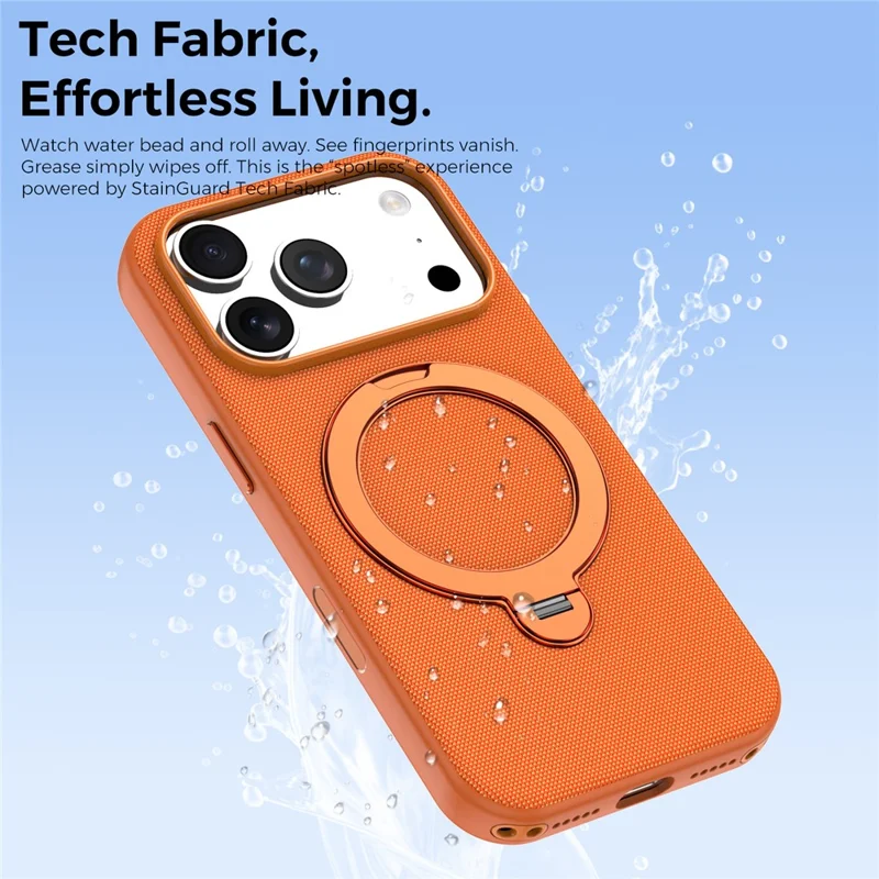 For iPhone 18 Pro Case Magnetic Rotating Kickstand Tech Fabric TPU Protective Cover - Orange