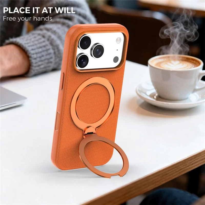For iPhone 18 Pro Max Case Magnetic Rotating Kickstand Tech Fabric TPU Protective Cover - Orange