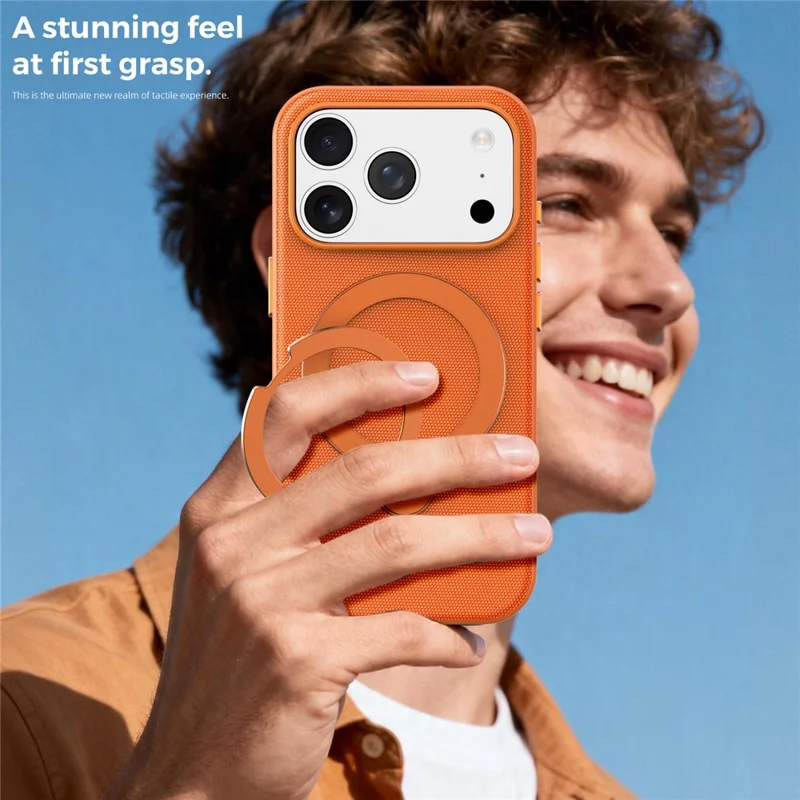 For iPhone 18 Pro Max Case Magnetic Rotating Kickstand Tech Fabric TPU Protective Cover - Orange