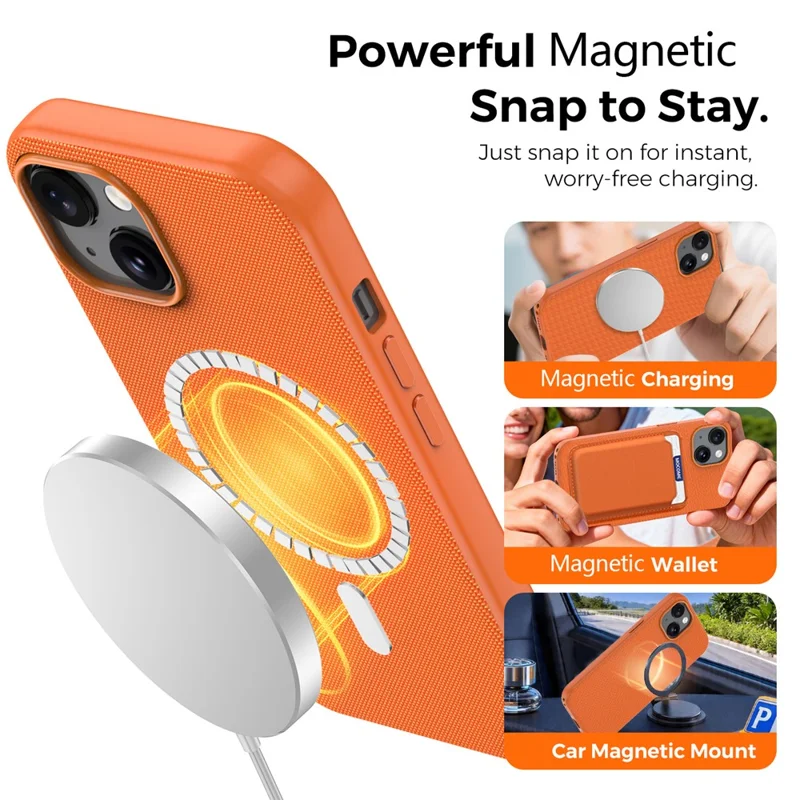 Magnetische Hülle für iPhone 15, mit Tech-Stoff beschichtete TPU + PC Anti-Drop-Handyhülle – Orange
