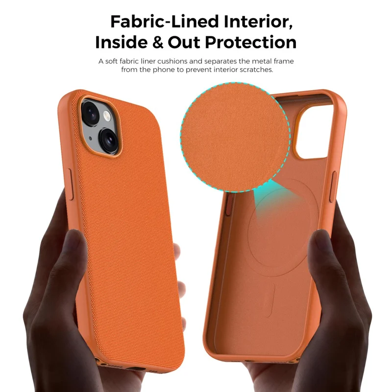 Magnetische Hülle für iPhone 15, mit Tech-Stoff beschichtete TPU + PC Anti-Drop-Handyhülle – Orange