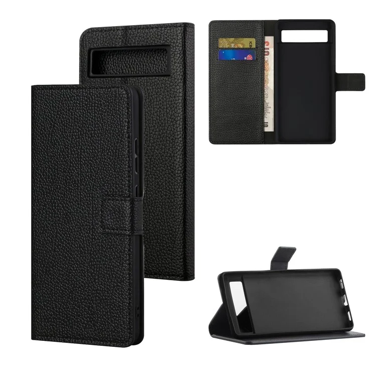Für Google Pixel 7a Litchi Textur PU Leder Brieftasche Hülle Standfunktion Magnetic Square Clasp -handyabdeckung - Schwarz